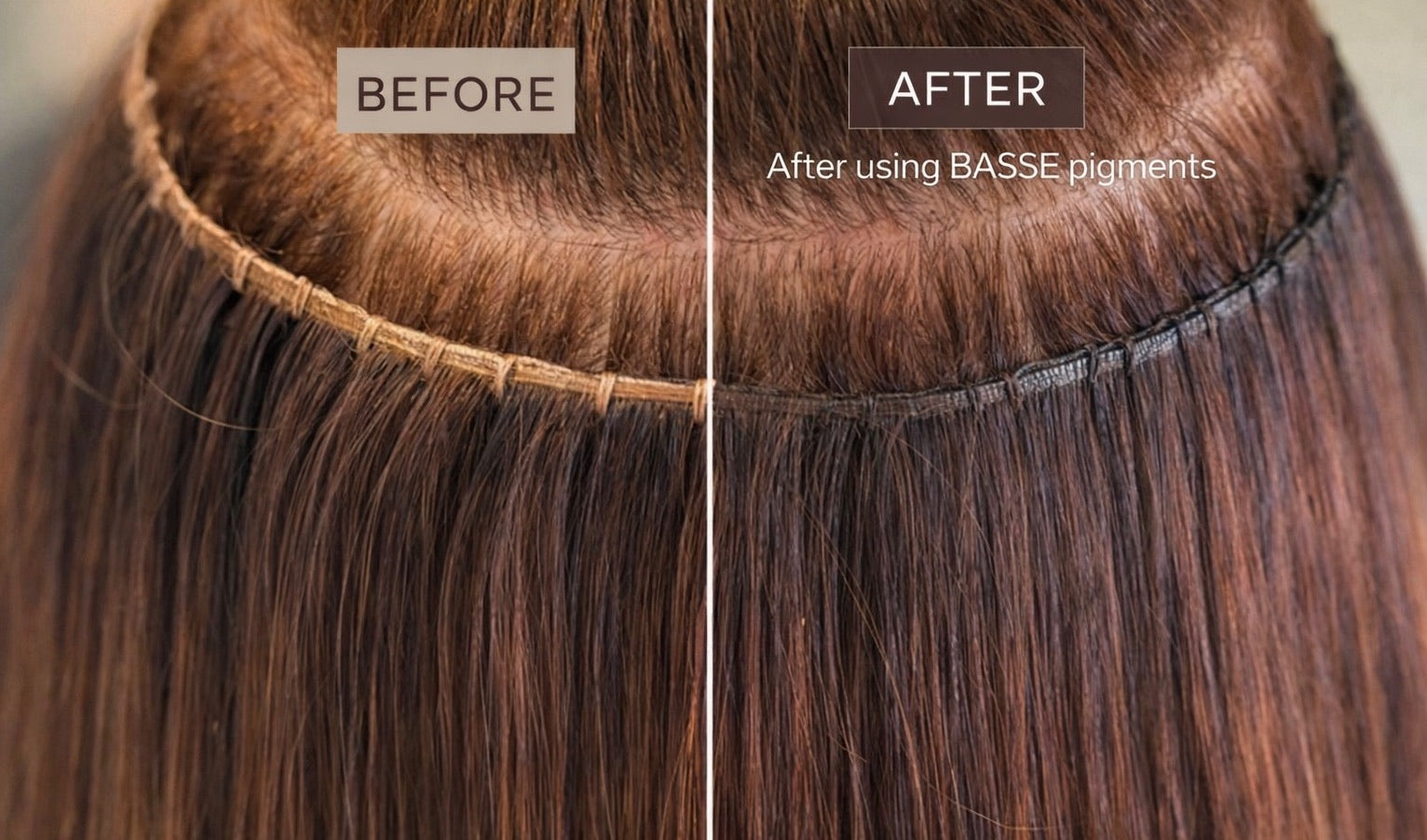 Before and after comparison of hair using BASSE pigments
