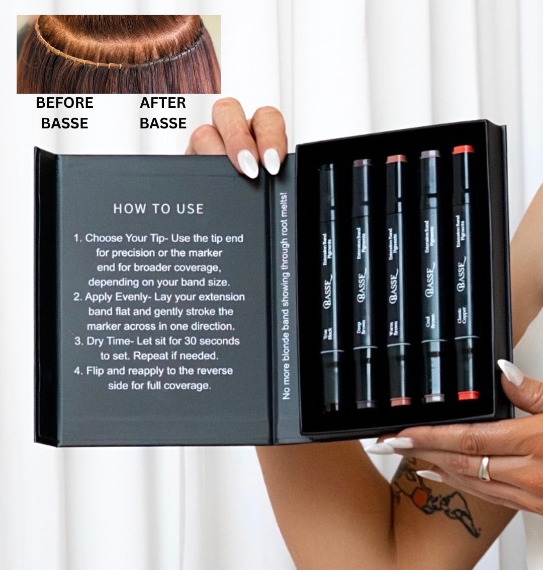 Hair extension kit with application guide and hair sample before and after use.