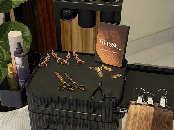 Black storage unit with hair styling tools and products, featuring the Basse brand.